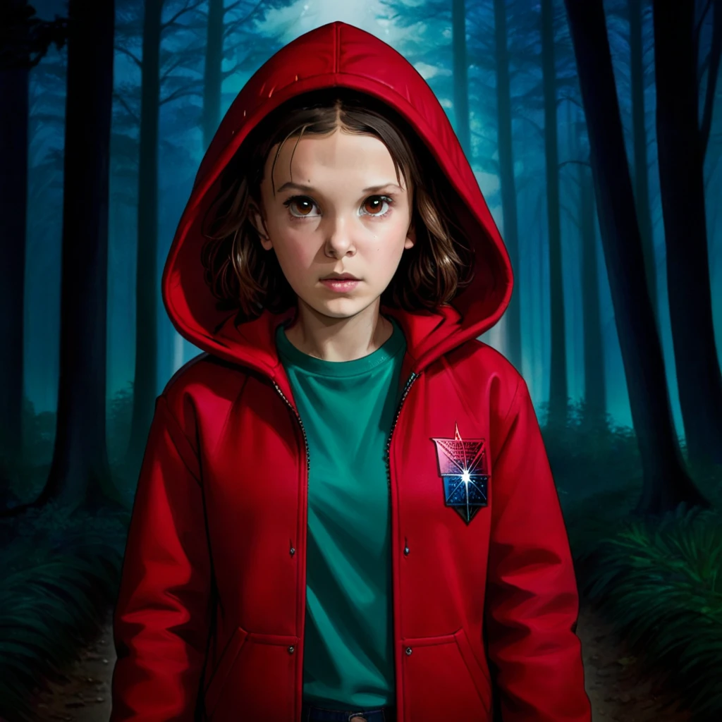 milli3 femmes , millie bobby brun , 1 fille portant une veste et une capuche rouges ,Netflix , des choses étranges, Onze, dans une forêt sombre , vue de face