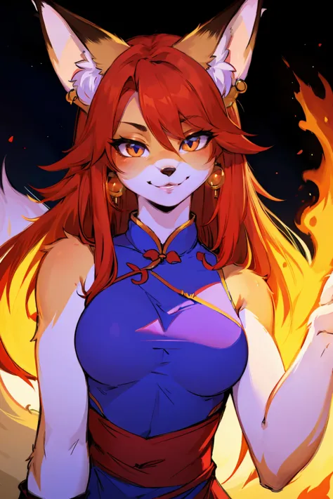 (fox_girl:1.2),beautiful figure,height 193 cm,fire spirit portrait, long flowing red hair, eye闪着红光,close_up, (fiery red chinese ...