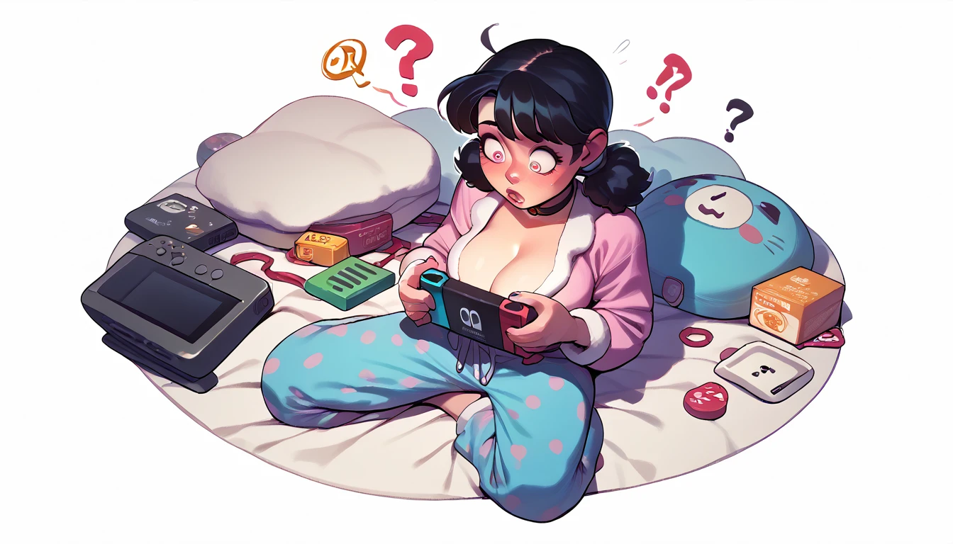 punctuation_9, punctuation_8_High above, punctuation_7_High above, punctuation_6_High above, punctuation_5_High above, punctuation_4_High above, BREAK 1girl, Nerd,Bblack hair, a cartoon image of a woman with a big breast, sitting on the cushion (blue in color), white scenario, with Nintendo switch in hand, fluffy chest, in pajamas(dressed as a black cat), anime cel shaded, Covered breasts and SFW, wearing pajamas(sitting on the cushion (blue in color), with a Nintendo Switch in hand), Kantai Collection Style, anime moe art style, , twintails brancos_mitts, seductive anime girl((dressed as a black cat)), Playing with a Wool Yarn (spiral eye)White background.