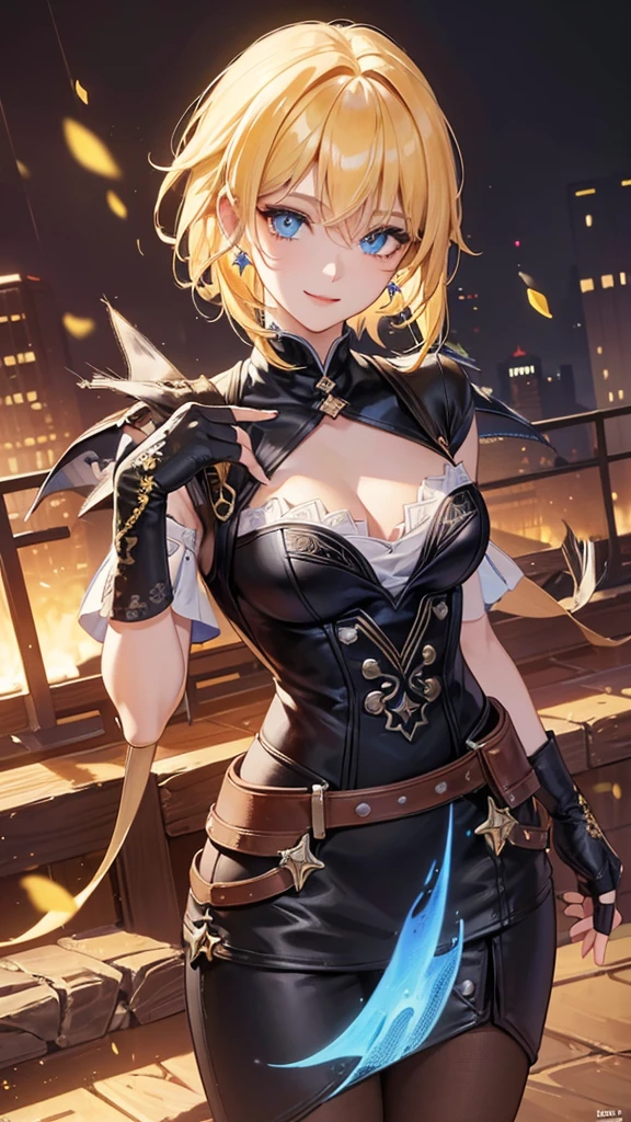 jean, jeangunnhildr, medium cut hair, hits, by rubio, yellow hair, hair ornament, (blue eyes:1.3), league, SMILE, SMILE, Thighs, gloves, neckline, earrings, black gloves, fingerless gloves, leather trim, english clothes, vision \(genshin impact\), REST outdoors, REST looking at the viewer, (cowboy shot:1.5), (Masterpiece:1.2), Best Quality, high resolution, unity wallpaper 8k, (illustration:0.8), (Beautiful detailed eyes:1.6), extremely detailed face, perfect lighting, Extremely detailed CG, (perfect hands, perfect anatomy),