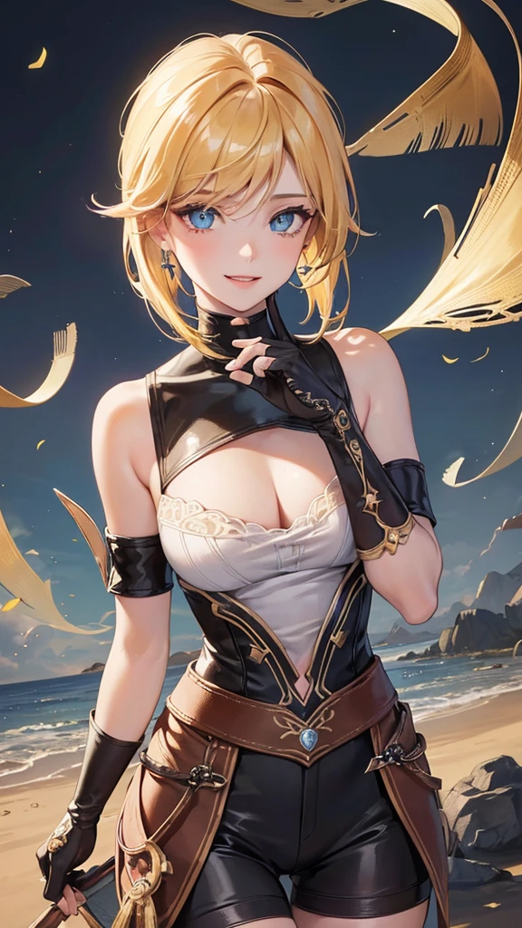 jean, jeangunnhildr, medium cut hair, hits, by rubio, yellow hair, hair ornament, (blue eyes:1.3), league, SMILE, SMILE, Thighs, gloves, neckline, earrings, black gloves, fingerless gloves, leather trim, english clothes, vision \(genshin impact\), REST outdoors, REST looking at the viewer, (cowboy shot:1.5), (Masterpiece:1.2), Best Quality, high resolution, unity wallpaper 8k, (illustration:0.8), (Beautiful detailed eyes:1.6), extremely detailed face, perfect lighting, Extremely detailed CG, (perfect hands, perfect anatomy),