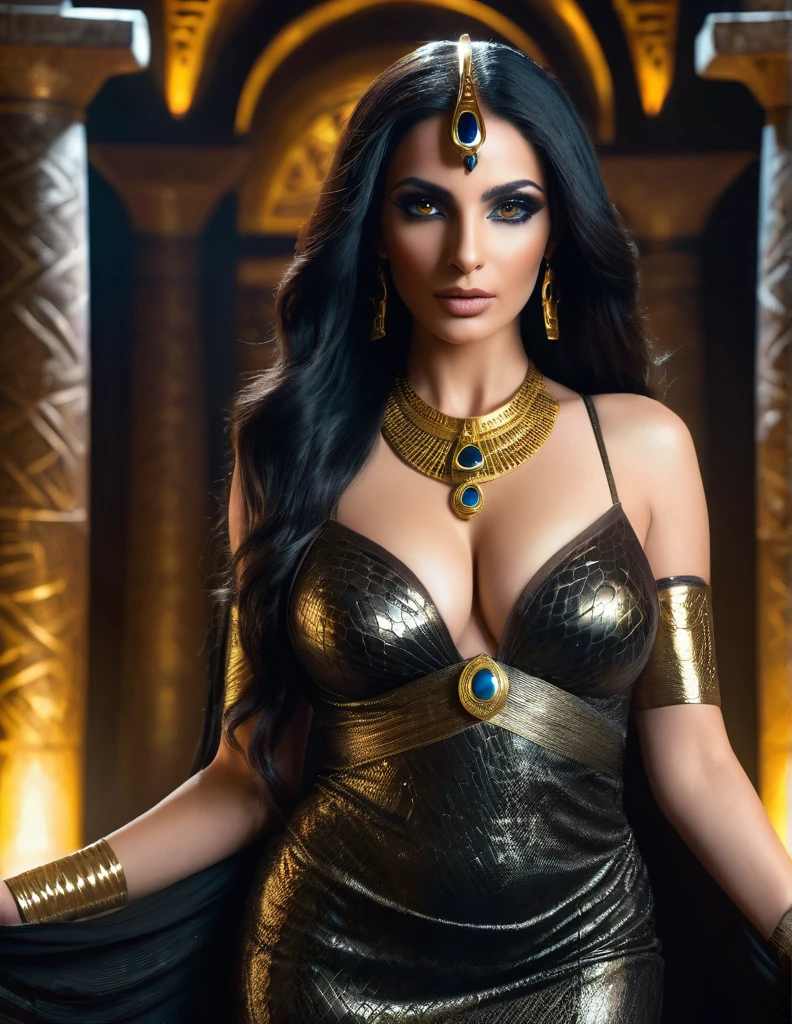 Nephthys épouse de seth, Egyptian sorceress, beautiful mature Egyptian goddess, snake skin, long flowing black hair, glowing golden eyes, reptilian pupils, swollen lactating breasts, form-fitting translucent black and gold dress, ancient Egyptian jewelry, standing in mysterious ancient temple, dramatic gothic dominatrix vibes, intense cinematic lighting, supernatural, breathtaking beauty and depth, (best quality,4k,8k,highres,masterpiece:1.2),ultra-detailed,(realistic,photorealistic,photo-realistic:1.37),HDR,UHD,studio lighting,ultra-fine painting,sharp focus,physically-based rendering,extreme detail description,professional,vivid colors,bokeh,fantasy,dark fantasy,occult,powerful,mystical,elegant,ethereal,chiaroscuro