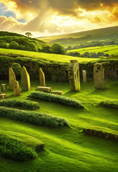 a celtic landscape with standing stones, druidic sanctuary, irish countryside, (pre-raphaelite painting, medieval style), detail...