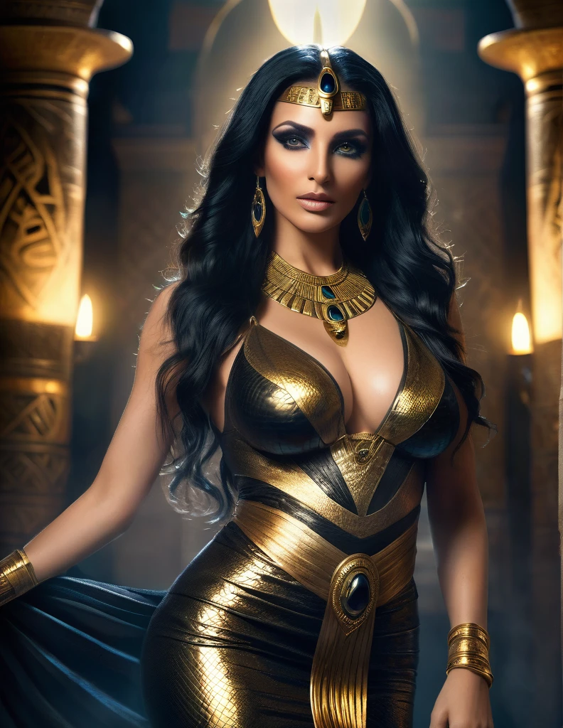 Nephthys épouse de seth, Egyptian sorceress, beautiful mature Egyptian goddess, snake skin, long flowing black hair, glowing golden eyes, reptilian pupils, swollen lactating breasts, form-fitting translucent black and gold dress, ancient Egyptian jewelry, standing in mysterious ancient temple, dramatic gothic dominatrix vibes, intense cinematic lighting, supernatural, breathtaking beauty and depth, (best quality,4k,8k,highres,masterpiece:1.2),ultra-detailed,(realistic,photorealistic,photo-realistic:1.37),HDR,UHD,studio lighting,ultra-fine painting,sharp focus,physically-based rendering,extreme detail description,professional,vivid colors,bokeh,fantasy,dark fantasy,occult,powerful,mystical,elegant,ethereal,chiaroscuro