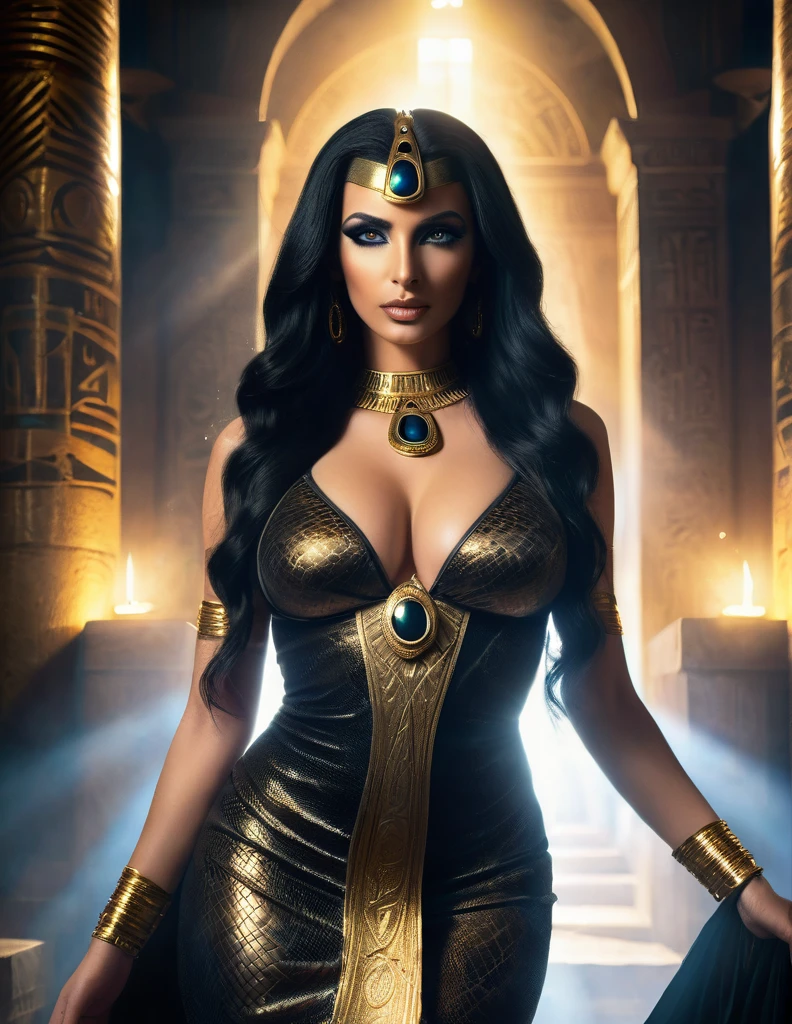 Nephthys épouse de seth, Egyptian sorceress, beautiful mature Egyptian goddess, snake skin, long flowing black hair, glowing golden eyes, reptilian pupils, swollen lactating breasts, form-fitting translucent black and gold dress, ancient Egyptian jewelry, standing in mysterious ancient temple, dramatic gothic dominatrix vibes, intense cinematic lighting, supernatural, breathtaking beauty and depth, (best quality,4k,8k,highres,masterpiece:1.2),ultra-detailed,(realistic,photorealistic,photo-realistic:1.37),HDR,UHD,studio lighting,ultra-fine painting,sharp focus,physically-based rendering,extreme detail description,professional,vivid colors,bokeh,fantasy,dark fantasy,occult,powerful,mystical,elegant,ethereal,chiaroscuro