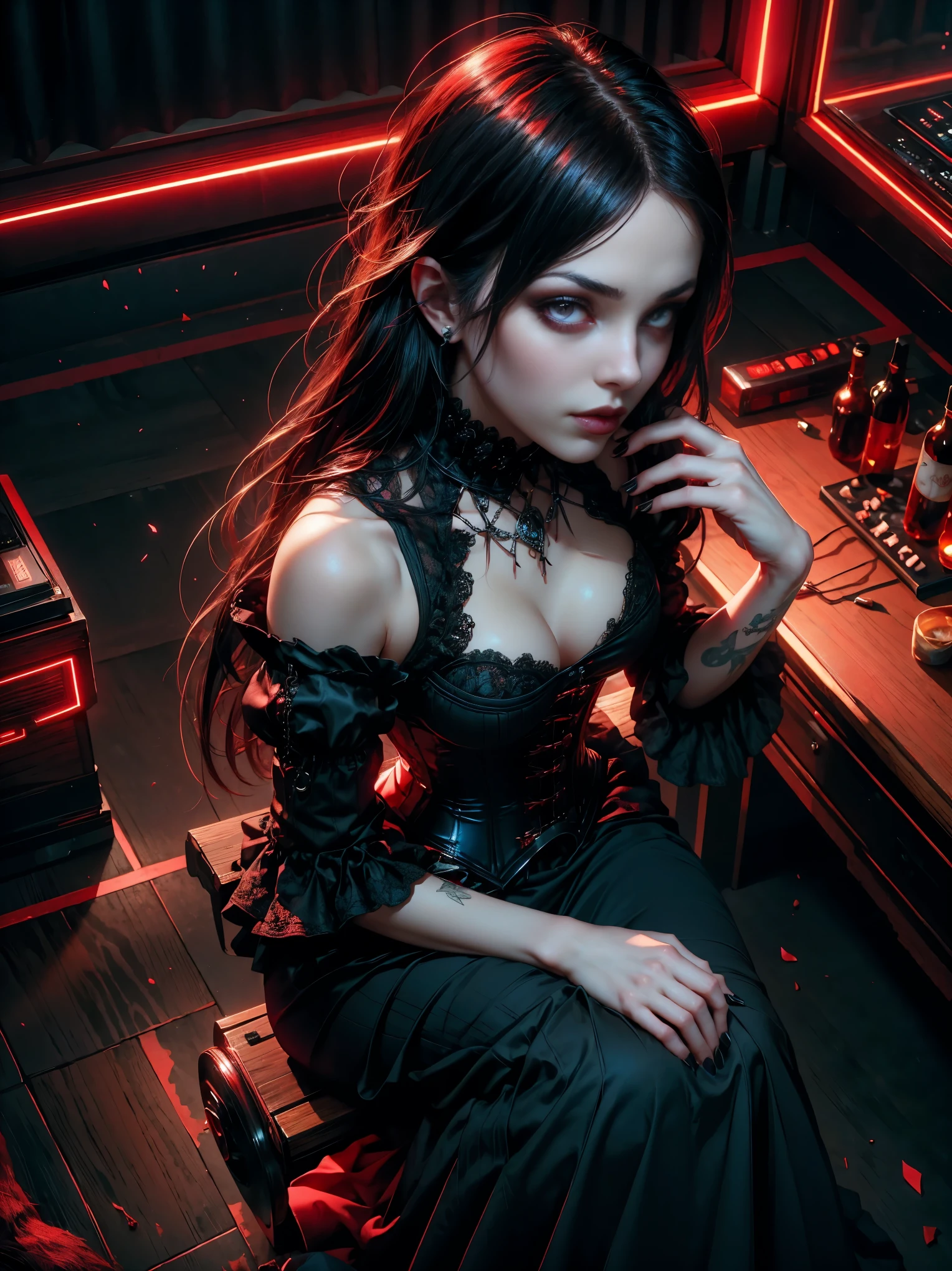 from above, high view shot, in the heart of a future gothic world, a young beautiful woman with a gothic punk style haircut, middle red middle black hair, sexy gothic fashion clothes. in a luxury gothic mansion, at a dark music party, sensual pose, create an atmosphere of gothic electronic music, energy and neon lights. good quality eyes, red eyes, ultra detailed, beautiful and aesthetically pleasing, masterpiece, 4k, ray tracing, medium body, close-up, high view, particles and hard red neon lights, focus on red and black color