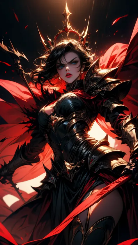 masterpiece, high quality, super detailed, wallpaper, woman, black armor with black and red details, viewed from below, looking ...