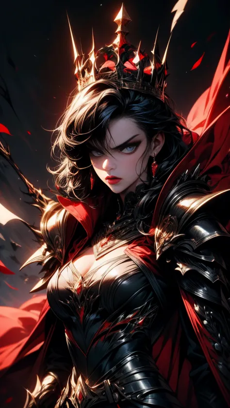 Masterpiece, high quality, super detailed, wallpaper, woman, black armor with black and red details, viewed from below, looking ...