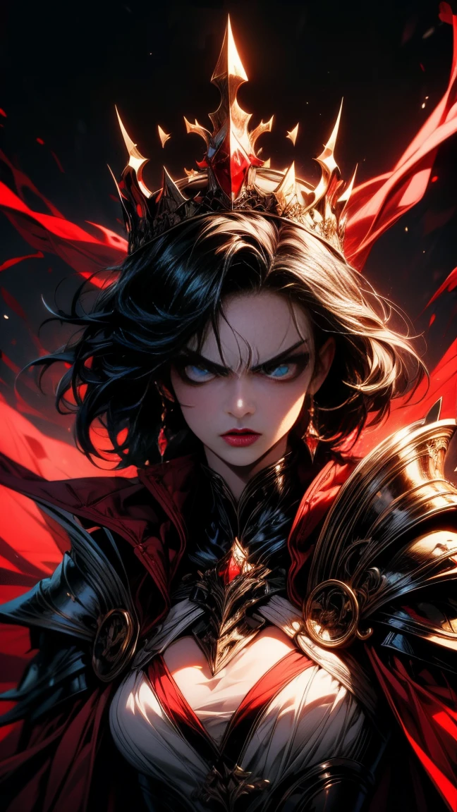 Masterpiece, high quality, super detailed, wallpaper, woman, black armor with black and red details, viewed from below, looking at the viewer, fit body, heels with black thorns, black and red short thorn crown, very short black hair, blue eyes, red lips, black eye makeup, black cape with black embroidery, angry look, stunning, in various poses, open hands, armored, detailed face, black background