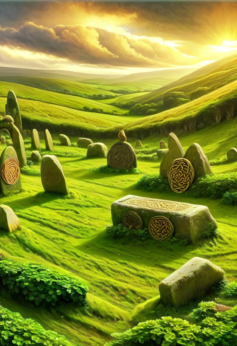 a celtic landscape with standing stones, druidic sanctuary, celtic countryside, (pre-raphaelite painting, medieval style), detailed landscape, dramatic lighting, moody atmosphere, lush greenery, rolling hills, ancient ruins, mystical energy, atmospheric haze, dramatic clouds, vibrant colors, golden hour lighting.
