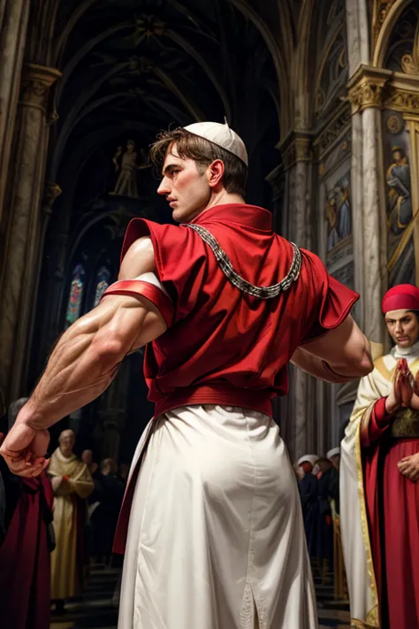 looking back, dariusferdynand wearing well-fitted sleeveless red and white sheer tight roman-catholic-pope robe-armor, looking a...