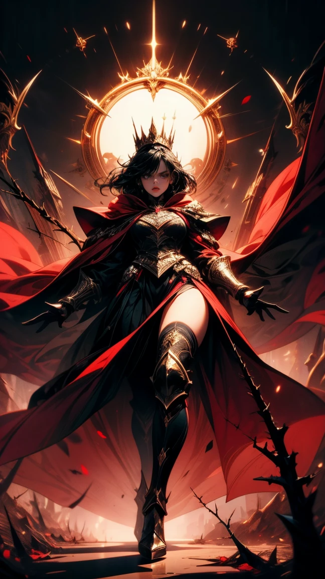 Masterpiece, high quality, super detailed, wallpaper, woman, full body, black armor with black and red details, viewed from below, looking at the viewer, fit body, heels with black thorns, black and red short thorn crown, very short black hair, blue eyes, red lips, black eye makeup, black cape with black embroidery, angry look, stunning, in various poses, open hands, armored, detailed face, black background, small , no nude