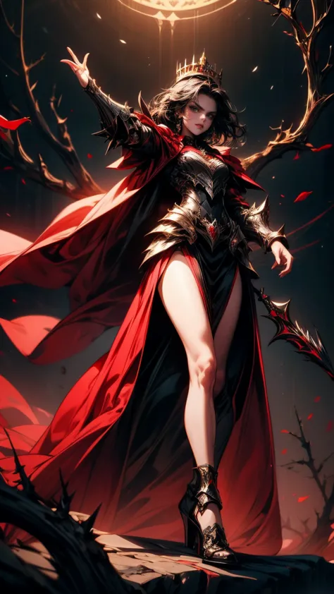 Masterpiece, high quality, super detailed, wallpaper, woman, full body, black armor with black and red details, viewed from belo...