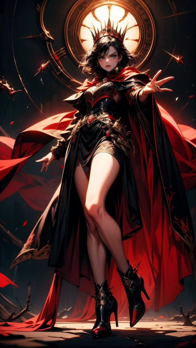 Masterpiece, high quality, super detailed, wallpaper, woman, full body, black armor with black and red details, viewed from below, looking at the viewer, fit body, heels with black thorns, black and red short thorn crown, very short black hair, blue eyes, red lips, black eye makeup, black cape with black embroidery, angry look, stunning, in various poses, open hands, armored, detailed face, black background, small , no nude