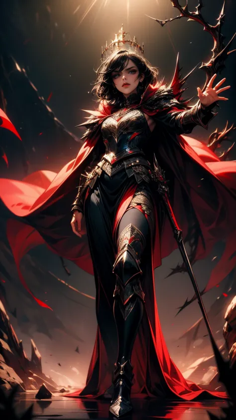 Masterpiece, high quality, super detailed, wallpaper, woman, full body, black armor with black and red details, viewed from belo...