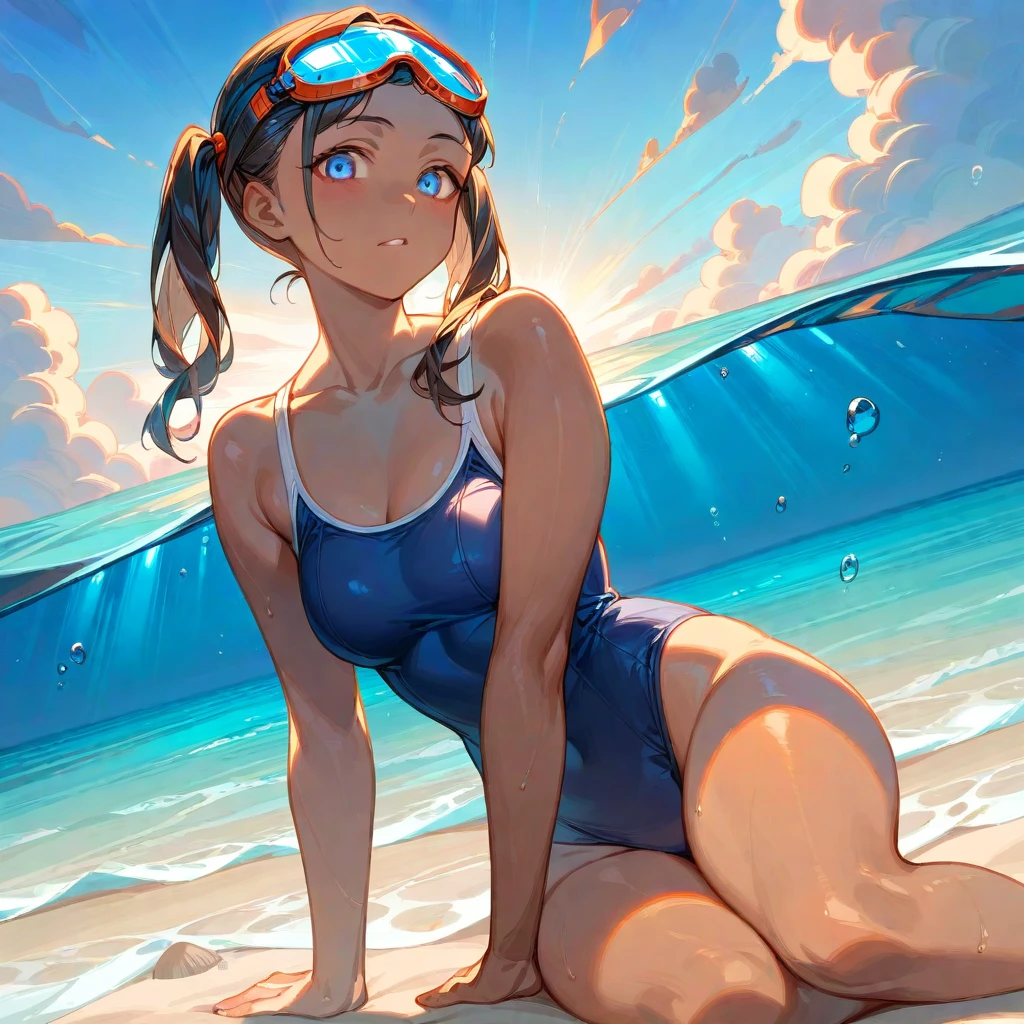 score_9_up, score_8_up, score_7_up, score_6_up, source_アニメ，2d, flat、Black Hair、Pigtails、Navy blue school swimsuit、Brown skin, glowing skin、Red underwater goggles, (sandy beach)、Sunset, evening