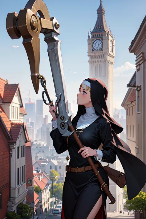 one girl,20-year-old,fantasy,nuns,((with a giant hammer))