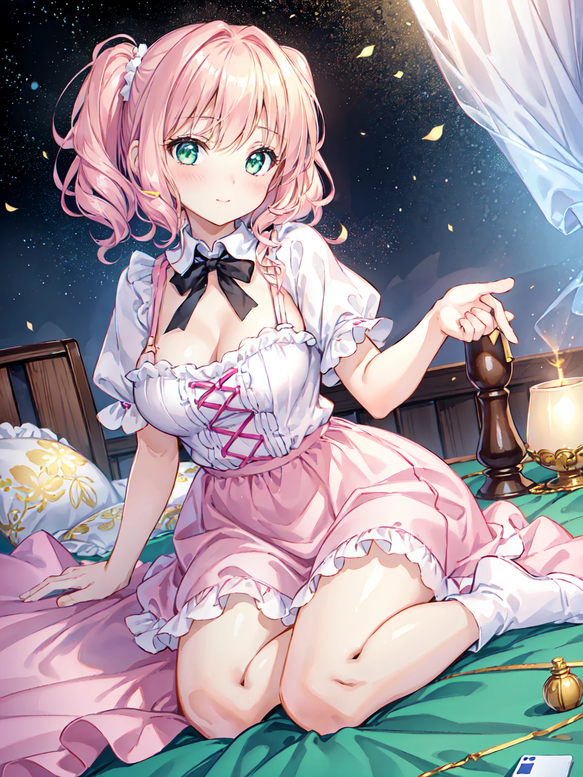 black rose fairy kisses the flower. That fairy is smaller than a flower. The neat costume gives off a mysterious luster. Flower Field, Natural light,(Highest quality), (Tabletop:1.3), Very detailed, Highest quality, Tabletop, (Game CG:1.4), Browsing Caution, Beautiful face and eyes in every detail,Burst chest、, Big ample breasts、 、、, (Tabletop, Highest quality), (Realistic:1.37), RAW Photos, High resolution, (A face with attention to detail), front, Tabletop, Ultra-thin illustration, Highest quality, Light Particles, Very detailed, 8k wallpaper, (Bright colors:1.2), alone, ((Little Girl)), Big Breasts, (Blonde), Disheveled Hair, short hair, Twin tails, Two Side Up Hair, Scrunchie, Curly Hair, Shiny Hair, Glowing Skin, (She is wearing a pale pink and white horizontal striped dress。., Short sleeve), (Frilled mini skirt), (White legwear), ((Horizontal striped panties)), (Beautiful green eyes, Shining Eyes, Big eyes), Affectionate smile, Captivating smile, Mouth closed, Blushing, (Prank Room), (Pink Bed), (Pink pillow), (Pink Curtains), Recall, Get on all fours, To Browsing Caution,