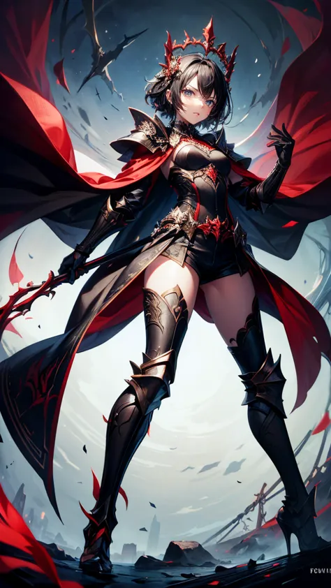 masterpiece, high quality, super detailed, wallpaper, woman, full body, black armor with black and red details, viewed from belo...