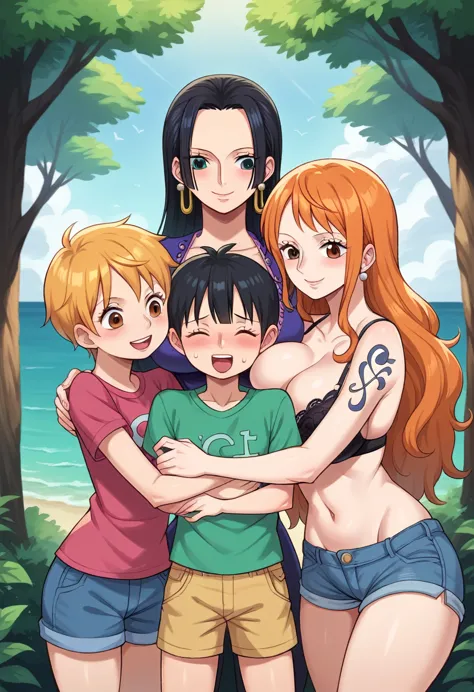 art by eiichirio oda, 3girls and shota, nami, boa hancock, nico robin at the edge of a forest, sea at the background, wearing a ...