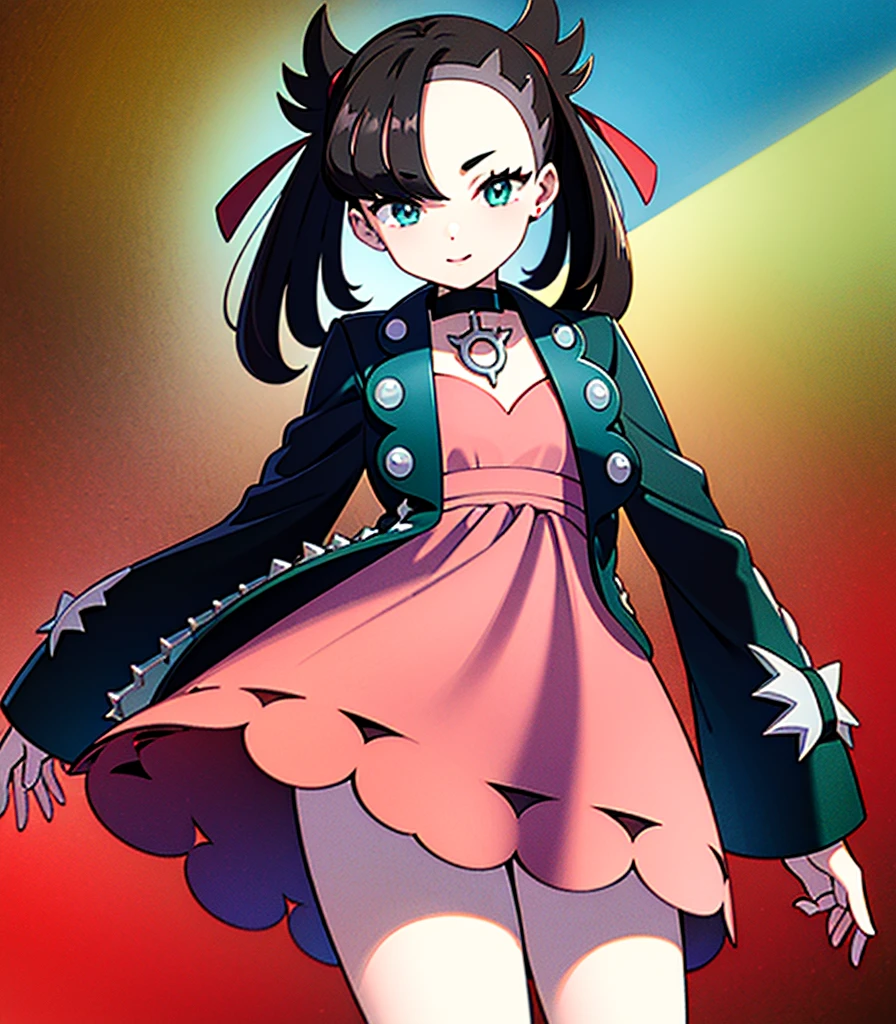 masterpiece, Highest quality, High resolution, Marnie, Aqua Eye, Black choker, Red ribbon, Pink Dress, jewelry, Black jacket, Open clothes, Long sleeve, Cowboy Shot, Are standing, forest, holding Pokéball, Pokéball \(Basic\), smile, Open your mouth,Background is wood々が生い茂るforestです.:1.2,Draw a person in the center of the screen,Depict the top of your head,{{{Perfect hand shape:1.2}}},marnie