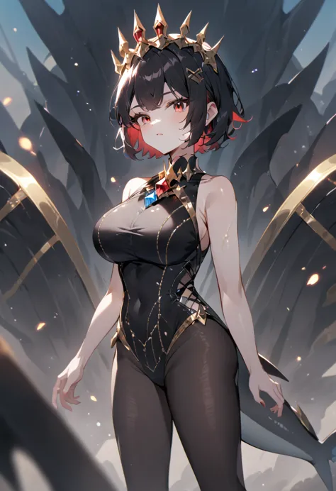 queen，short hair，red eyes，big breasts，black pantyhose，jewel swimsuit，hands at your sides，black shark tail