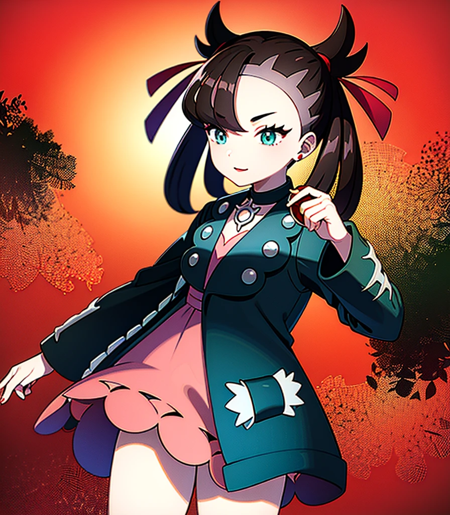 masterpiece, Highest quality, High resolution, Marnie, Aqua Eye, Black choker, Red ribbon, Pink Dress, jewelry, Black jacket, Open clothes, Long sleeve, Cowboy Shot, Are standing, forest, holding Pokéball, Pokéball \(Basic\), smile, Open your mouth,Background is wood々が生い茂るforestです.:1.2,Draw a person in the center of the screen,Depict the top of your head,{{{Perfect hand shape:1.2}}},marnie