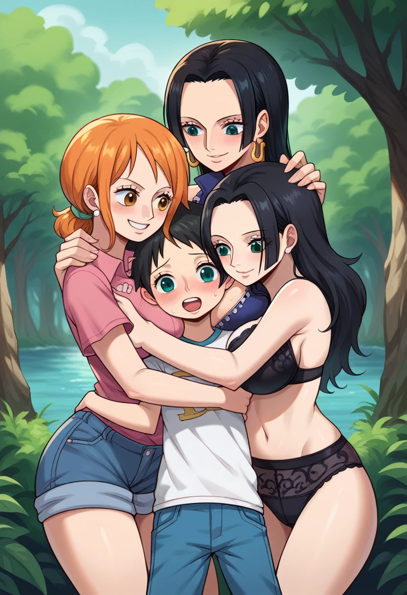 art by Eiichirio Oda, 3girls and shota, nami, boa hancock, nico robin at the edge of a forest, sea at the background, wearing a short pink shirt tied near breast, black panty visible through pants, tied hair, black bra is visible through the shirt, small shota in centered, center, hug, girls hug shota male, smile, hug,
