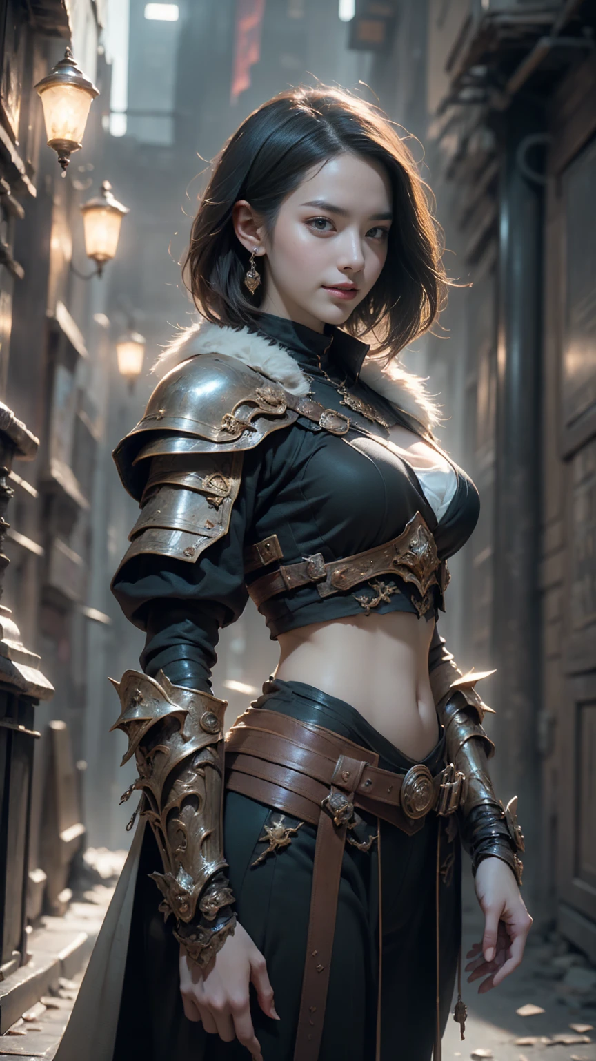 Game art，The best picture quality，Highest resolution，32K，(A bust photograph)，(Portrait)，(Head close-up)，(Rule of thirds)，Unreal Engine 5 rendering works， (The Girl of the Future)，(Female Warrior)， 20-year-old girl， elegant smile, short hair, ((Hunter))，An eye rich in detail，(Big breasts)，Elegant and noble，indifferent，brave， （Medieval-style fur combat clothing，Glowing magic lines，Animal skin clothing with rich detailedieval Lady Knight，Medieval ranger， photo poses，simple background，Movie lights，Ray tracing，Game CG，((3D Unreal Engine))，OC rendering reflection pattern