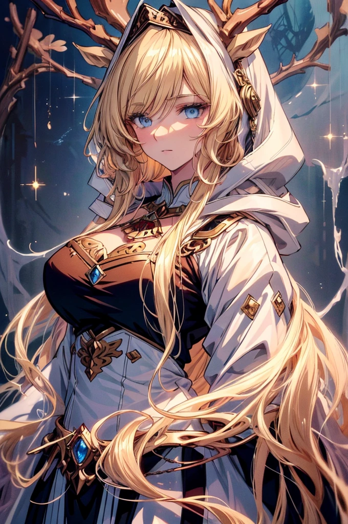 (Best quality at best, 4K, 8K, A high resolution, tmasterpiece:1.2),elf, ultra - detailed, Noble maiden, exquisite facial features，Long blonde white hair details expressed, eyes blue, Beautiful posture, Fantastical Atmosphere, expressive brush strokes, mystical ambiance, Artistic interpretation,Delicate curls，Detailed floral jewelry, Crystal diamond jewelry，Small fresh aesthetics，Stunning intricate costumes, Fantasy illustration, Subtle colors and tones, The details have been upgraded