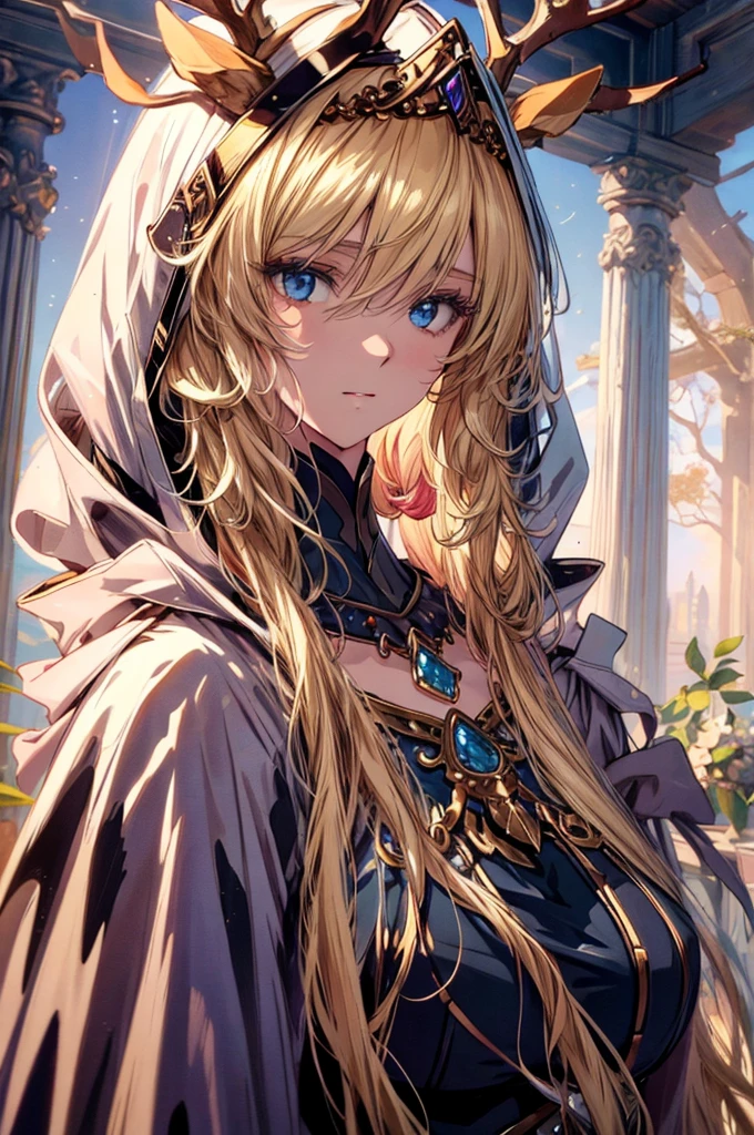 (Best quality at best, 4K, 8K, A high resolution, tmasterpiece:1.2),elf, ultra - detailed, Noble maiden, exquisite facial features，Long blonde white hair details expressed, eyes blue, Beautiful posture, Fantastical Atmosphere, expressive brush strokes, mystical ambiance, Artistic interpretation,Delicate curls，Detailed floral jewelry, Crystal diamond jewelry，Small fresh aesthetics，Stunning intricate costumes, Fantasy illustration, Subtle colors and tones, The details have been upgraded