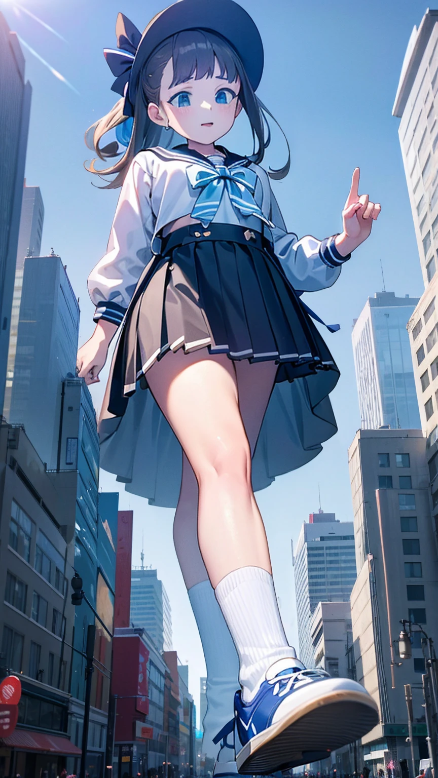 Big girl wearing sneakers，Girl taller than the building，Sailor Suit，Short skirt，White Socks，Girl raising legs high，A playful expression