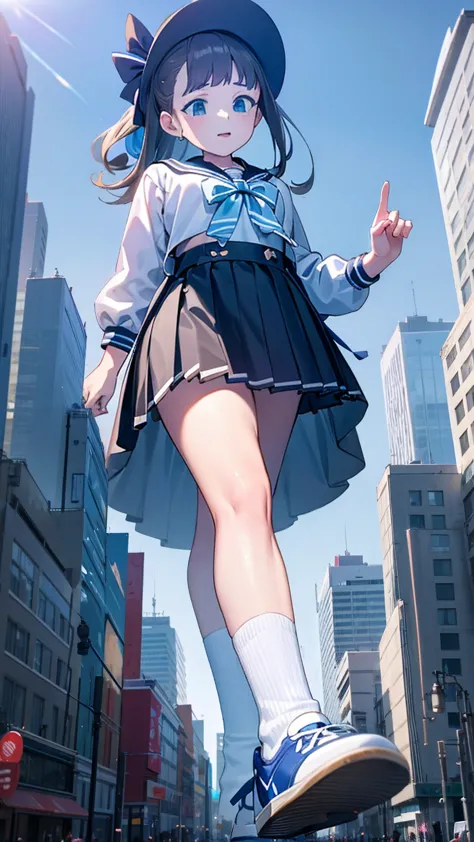 big girl wearing sneakers，girl taller than the building，sailor suit，short skirt，white socks，girl raising legs high，a playful exp...