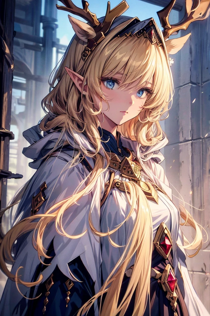 (Best quality at best, 4K, 8K, A high resolution, tmasterpiece:1.2),elf, ultra - detailed, Noble maiden, exquisite facial features，Long white hair details expressed, eyes blue, Beautiful posture, Fantastical Atmosphere, expressive brush strokes, mystical ambiance, Artistic interpretation,Delicate curls，Detailed floral jewelry, Crystal diamond jewelry，Small fresh aesthetics，Stunning intricate costumes, Fantasy illustration, Subtle colors and tones, The details have been upgraded