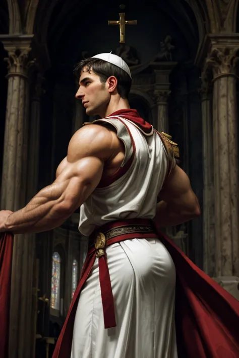 looking back, dariusferdynand wearing well-fitted sleeveless red and white sheer tight roman-catholic-pope robe-armor, looking a...