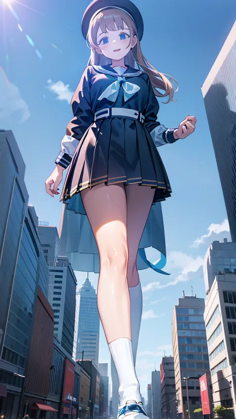 big girl wearing sneakers，girl taller than the building，sailor suit，short skirt，white socks，girl raising legs high