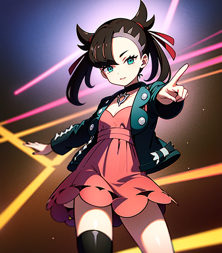 masterpiece, Highest quality, High resolution, Marnie, Aqua Eye, Black choker, Red ribbon, Pink Dress, jewelry, Black jacket, Open clothes, Long sleeve, Cowboy Shot, Are standing, forest, holding Pokéball, Pokéball \(Basic\), smile, Open your mouth,Background is wood々が生い茂るforestです.:1.2,Draw a person in the center of the screen,Depict the top of your head,{{{Perfect hand shape:1.2}}},marnie