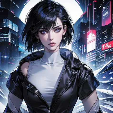 masterpiece, ultra high definition, high detail, cyberpunk universe, black bob hair, intense look, funky style clothes, silver e...