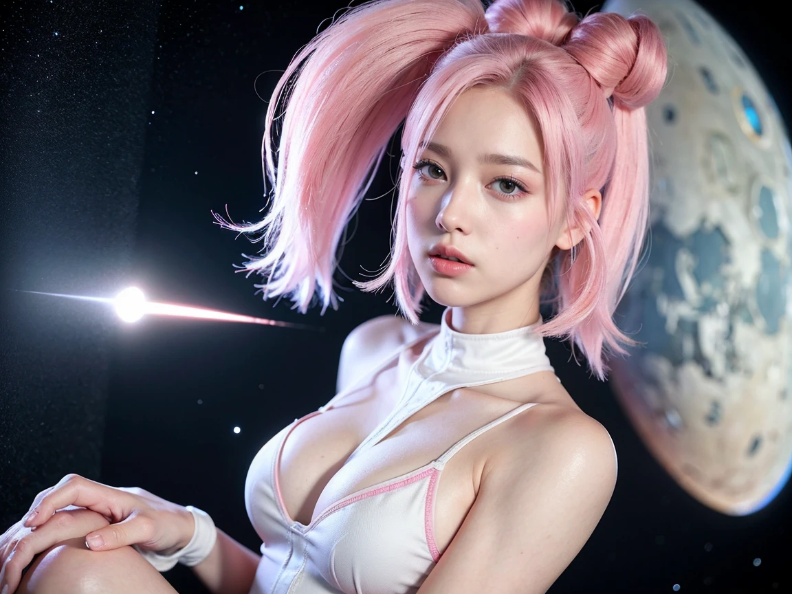 (raw photos, Highest quality), (realistic, Real photos:1.3), 1 woman、realisticbody、white battle uniform、pink joint, My hair is very long., pink hair, Adamski-shaped UFO from space、Avoid the missiles.、Proud face、Action pose