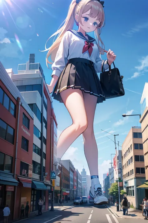 huge maiden in sneakers，girl taller than the building，sailor suit，short skirt,crouch girl，miniature train toy in hand