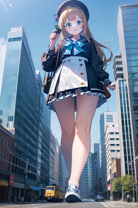 Huge maiden in sneakers，Girl taller than the building，Sailor Suit，Short skirt,Crouch Girl，Miniature train toy in hand