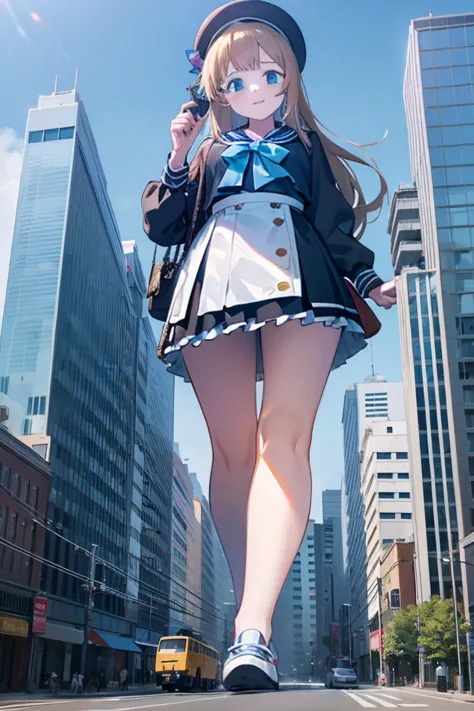 huge maiden in sneakers，girl taller than the building，sailor suit，short skirt,crouch girl，miniature train toy in hand