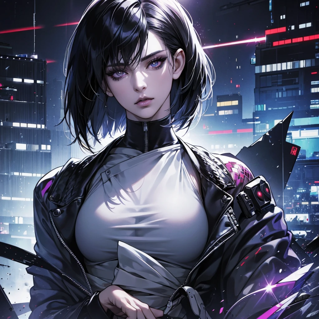 masterpiece, ultra high definition, high detail, cyberpunk universe, black bob hair, intense look, Funky style clothes, silver eyes, detailed face, detailed eyes, detailed nose, detailed lips, dark makeup, agent, upper body, head-on gaze, Ghost in the Shell, Mokoto Kusanagi, rpg game portrait