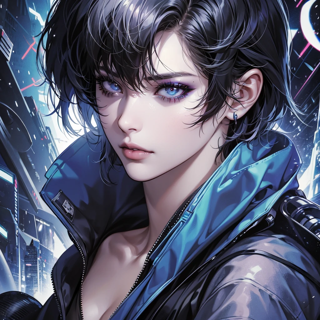 masterpiece, ultra high definition, high detail, cyberpunk universe, black bob hair, intense look, Funky style clothes, silver eyes, detailed face, detailed eyes, detailed nose, detailed lips, dark makeup, agent, upper body, head-on gaze, Ghost in the Shell, Mokoto Kusanagi, rpg game portrait