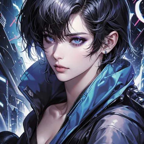 masterpiece, ultra high definition, high detail, cyberpunk universe, black bob hair, intense look, funky style clothes, silver e...