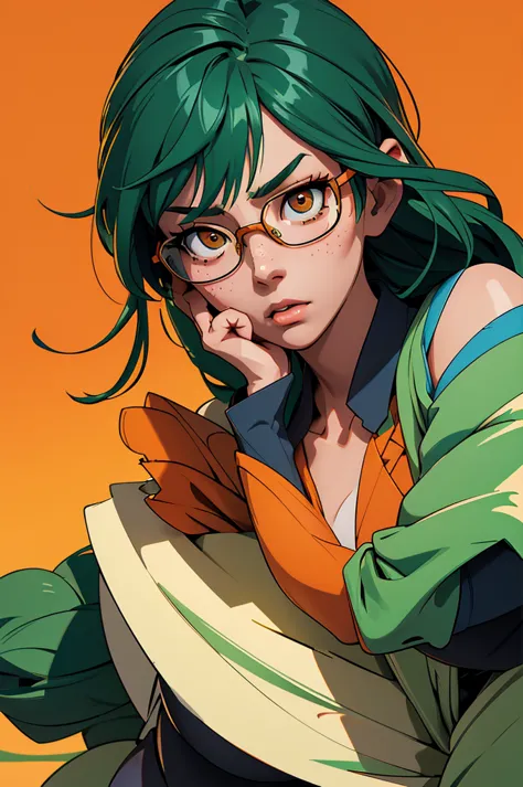 a Korean-Japanese woman, shoulder-length green hair, glasses, freckles, slanted orange eyes, business attire, highly detailed fa...