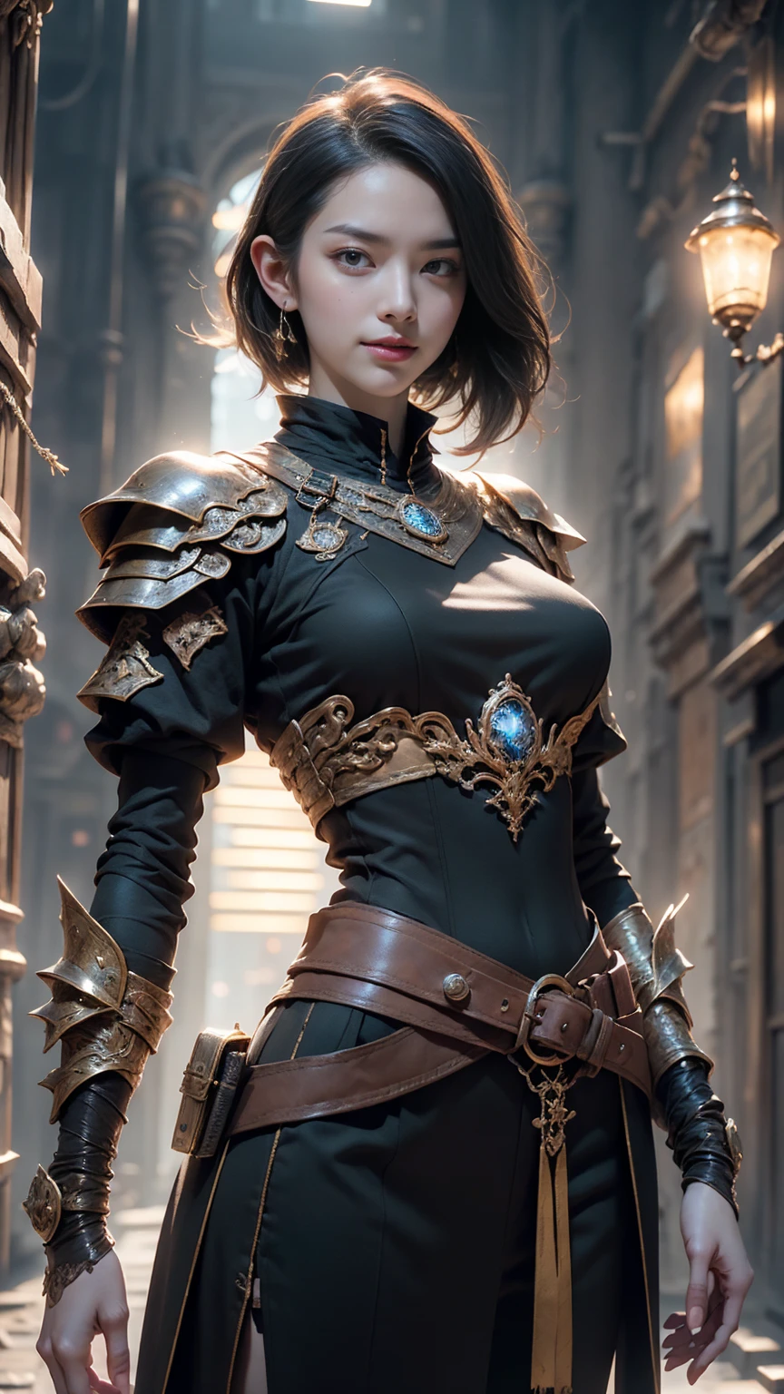 Game art，The best picture quality，Highest resolution，32K，(A bust photograph)，(Portrait)，(Head close-up)，(Rule of thirds)，Unreal Engine 5 rendering works， (The Girl of the Future)，(Female Warrior)， 20-year-old girl， elegant smile, short hair, ((Hunter, gunsling))，An eye rich in detail，(Big breasts)，Elegant and noble，indifferent，brave， （Medieval-style fur combat clothing, lace top，Glowing magic lines，Animal skin clothing with rich detailedieval Lady Knight，Medieval ranger， photo poses，simple background，Movie lights，Ray tracing，Game CG，((3D Unreal Engine))，OC rendering reflection pattern