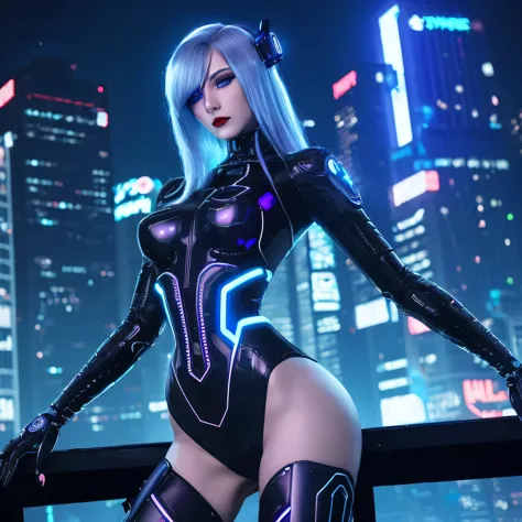 Create a highly realistic, glamorous, and sexy cyber girl with a gun. Ensure she embodies a futuristic yet alluring aesthetic, b...