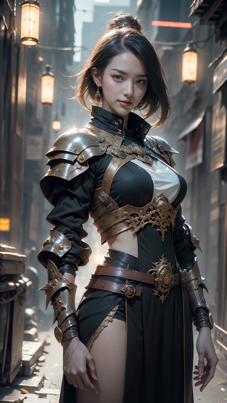 Game art，The best picture quality，Highest resolution，32K，(A bust photograph)，(Portrait)，(Head close-up)，(Rule of thirds)，Unreal Engine 5 rendering works， (The Girl of the Future)，(Female Warrior)， 20-year-old girl， elegant smile, short hair, ((Hunter))，An eye rich in detail，(Big breasts)，Elegant and noble，indifferent，brave， （Medieval-style fur combat clothing, sexy lace top，Glowing magic lines，Animal skin clothing with rich detailedieval Lady Knight，Medieval ranger， photo poses，simple background，Movie lights，Ray tracing，Game CG，((3D Unreal Engine))，OC rendering reflection pattern