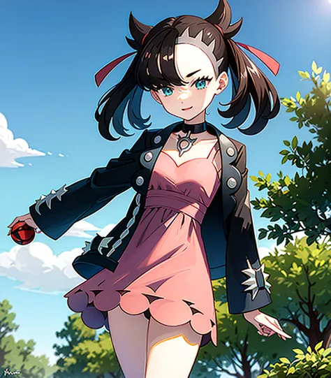 masterpiece, Highest quality, High resolution, Marnie, Aqua Eye, Black choker, Red ribbon, Pink Dress, jewelry, Black jacket, Op...